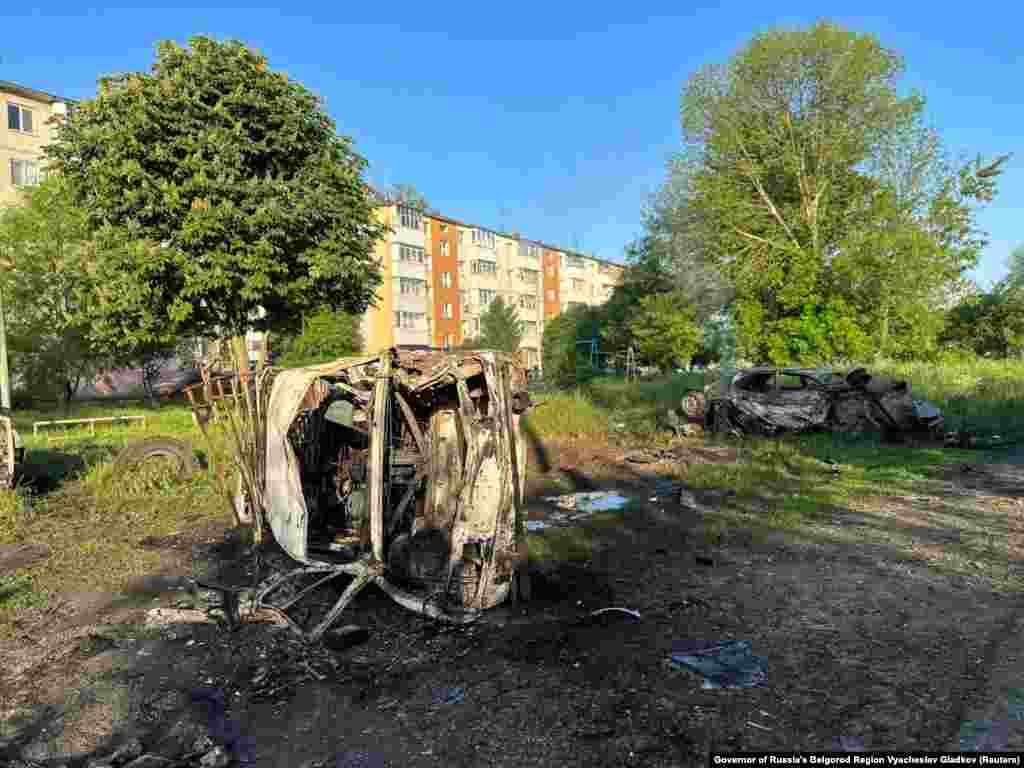 Destroyed cars, which Russian authorities say were hit with rocket artillery fired from Ukraine, are seen in the town of Shebekino. The photo is one of several released by Belgorod&#39;s governor, Vyacheslav Gladkov, on May 31 showing damage in Shebekino, which lies just 6 kilometers from the Ukrainian border.&nbsp;