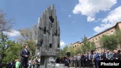 Yerevan’s Deputy Mayor Tigran Avinian speaks at the unveiling ceremony for a monument to Operation Nemesis participants, Yerevan, Armenia, April 25, 2023.