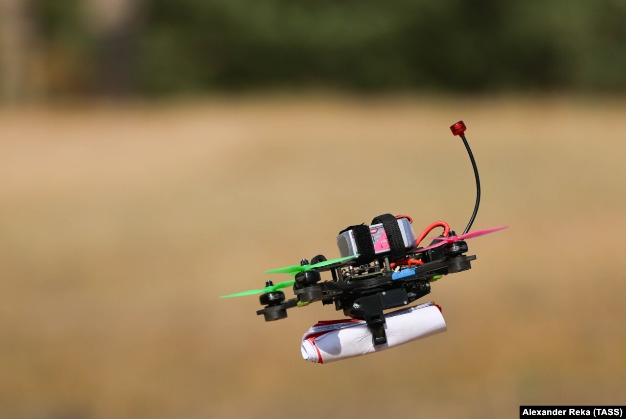 An FPV drone fitted with a dummy payload during a training course in the Russian-occupied Ukrainian region of Luhansk in October 2023.