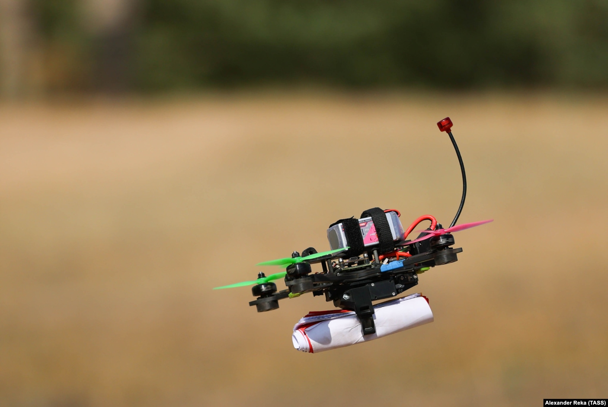 An FPV drone fitted with a dummy payload during a training course in the Russian-occupied Ukrainian region of Luhansk in October 2023.