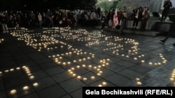 Georgians gather in Tbilisi on May 4 for an Easter vigil, with many shouting, "No to Russian Law.""