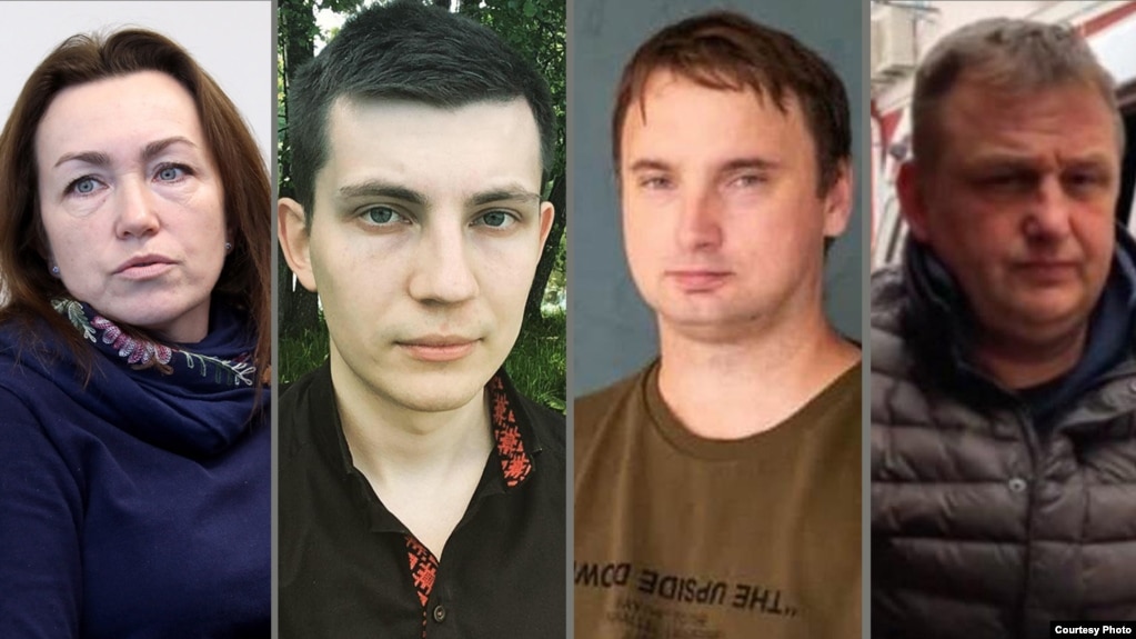 Giornalisti incarcerati di RFE/RL (da sinistra a destra): Alsu Kurmasheva, Ihar Losik, Andrey Kuznechyk e Vladyslav Yesypenko
