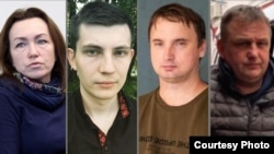 Jurnaliştii închişi ai RFE/RL (de la stânga la dreapta): Alsu Kurmasheva, Ihar Losik, Andrey Kuznechyk și Vladyslav Yesypenko.