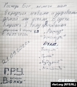 A handwritten note left behind by members of the Redut battalion known as the Wolves pleads for help after they were isolated from Russian forces in Ukraine's eastern Kharkiv region. The bottom left-hand corner features the three-letter acronym for Russian military intelligence: GRU.