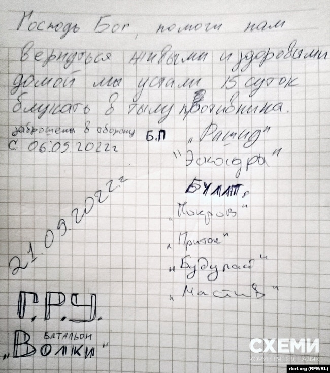 Letra që anëtarët e batalionit Ujqërit shkruan gjatë kohës sa ishin në Harkiv të Ukrainës. Në fund të letrës, në anën e majt është shkruar GRU.
