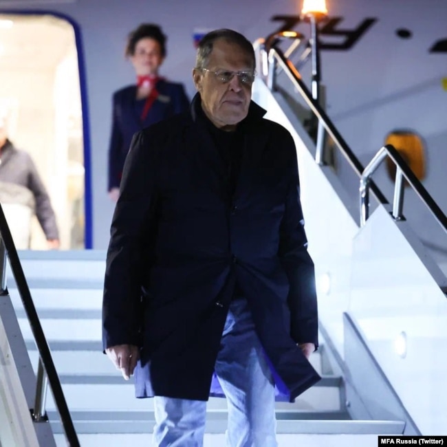 The Russian chief diplomat, Sergei Lavrov, after arriving in North Macedonia.
