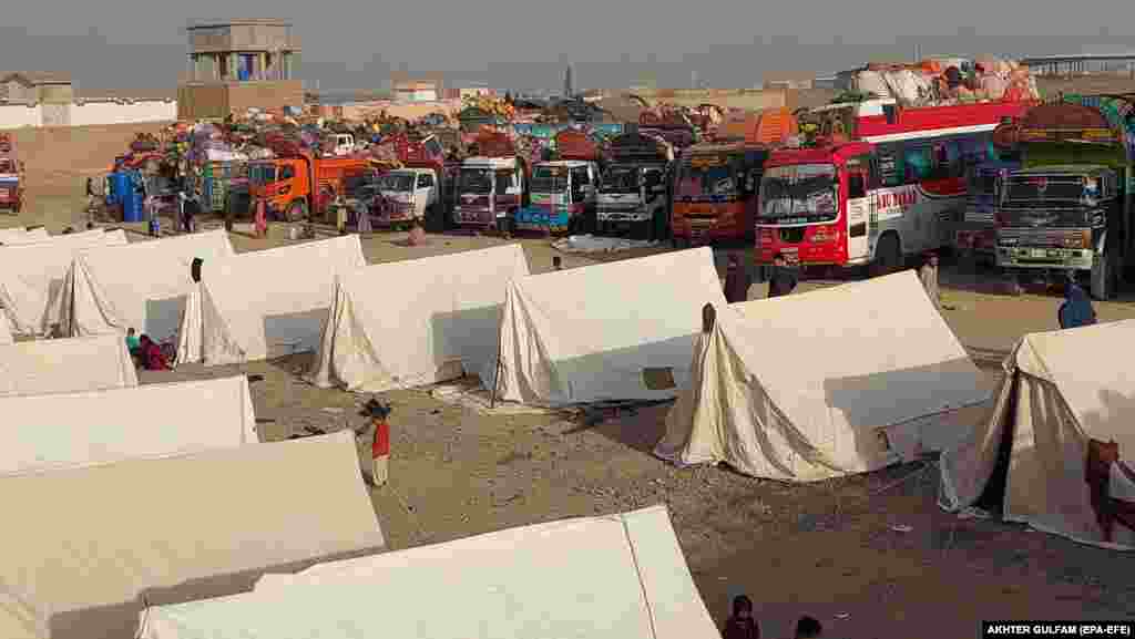 Transportation trucks and buses and Afghans wait at the holding camp near Chaman on November 1. As of November 2, officials&nbsp;said&nbsp;more than 165,000 Afghans have fled Pakistan,&nbsp;more than 1 million of whom are Afghan nationals who fled following the August 2021 seizure of power in Kabul by Taliban militants.