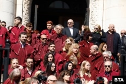 Bulgarian public prosecutors and judicial officials hold a protest in Sofia on May 2 in response to an alleged assassination attempt on Prosecutor-General Ivan Geshev.