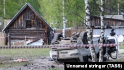 The site where the car of writer Zakhar Prilepin was blown up near the village of Pionersky, Russia, on May 6.