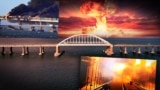 Колаж із використанням зображень Керченського мосту, атак на цю конструкцію та потужного вибуху
