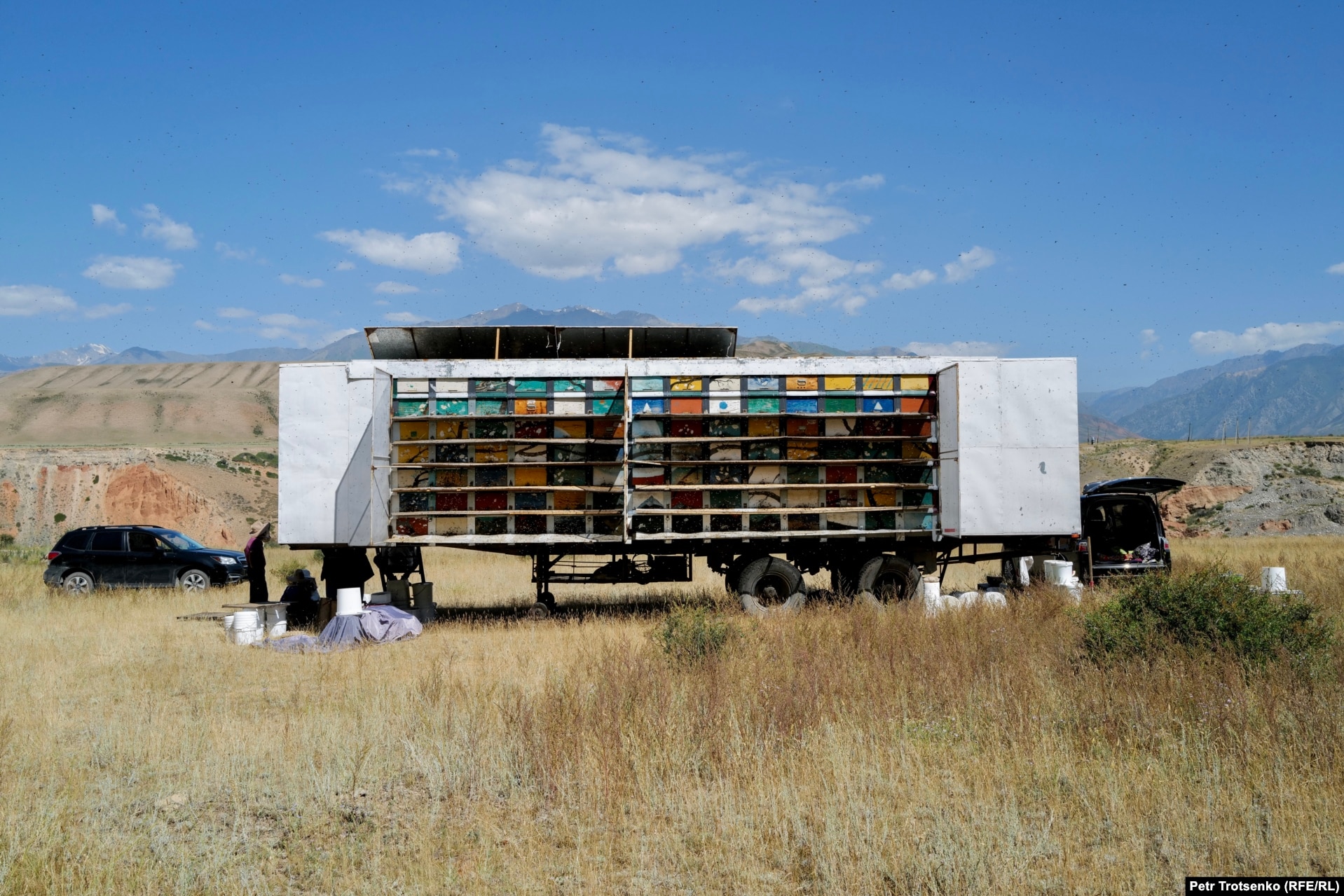 The mobile apiary of the Satarov family during its time in the Eki Naryn valley in the Naryn region of Kyrgyzstan