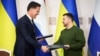 Mark Rutte (left), then-Dutch prime minister who is the now the incoming NATO secretary-general, meets with Ukrainian President Volodymyr Zelenskiy in Kharkiv on March 1.