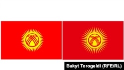 Кыргызстандын азыркы туусу (солдо) жана желектин жаңы варианты (оңдо). 