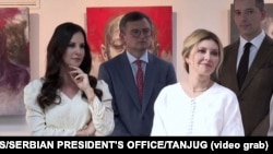 Supruga ukrajinskog predsednika Olena Zelenski (desno) sa suprugom predsednika Srbije Tamarom Vučić u društvu ministara spoljnih poslova dve zemlje Dmitrom Kulebom i Markom Đurićem tokom posete Beogradu, 12. marta 2024.