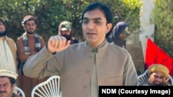 Mohsin Dawar, head of the National Democratic Movement, speaking to his party's supporters in North Waziristan. (file photo)