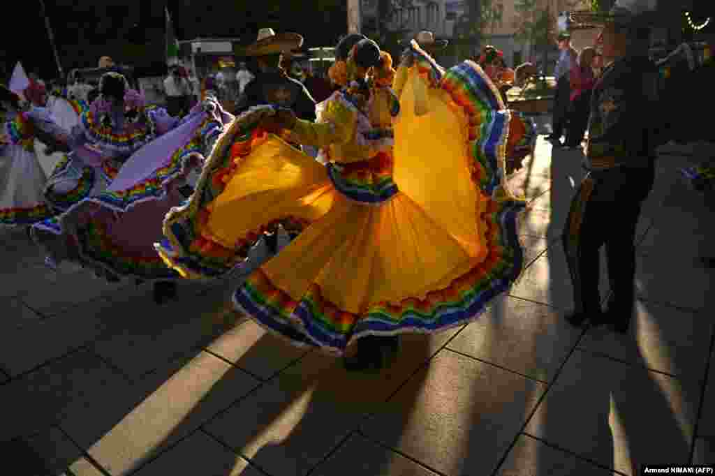 Members of the Mexican folkloric dance group Tumbi Uarhari perform at the Newborn arts and dance festival in Pristina.&nbsp;