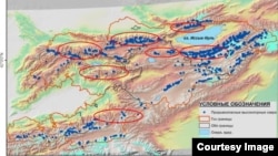 Кыргызстандагы бийик тоодогу көлдөрдүн картасы. Өзгөчө кырдаалдар министрлиги тараткан сүрөт.