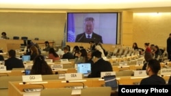 Министр Жээнбек Кулубаев Женевадагы сессияда сүйлөп жаткан учуру, 2-март, 2023-жыл