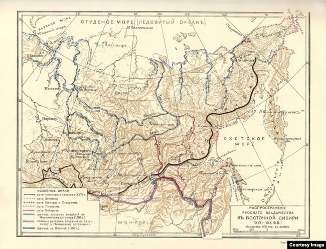 Карта исследований Восточной Сибири с указанием маршрута Хабарова