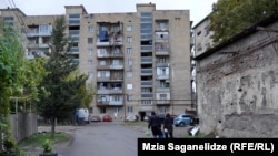 The apartment block of 15-year-old Tekla in Khashuri, Georgia. Her body was found in front of the building earlier this month and authorities are investigating the death as a possible suicide. 