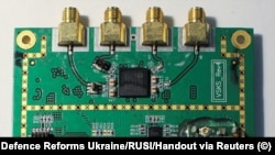 A circuit board recovered in Ukraine from a Russian Orlan 10 drone that was found to contain microchips from U.S. manufacturers. 