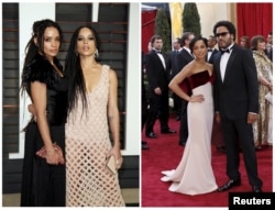  Комбинирана фотография демонстрира модела и актриса Зои Кравиц и родителите ѝ - актрисата Лиза Бонет и музикантът Лени Кравиц. 