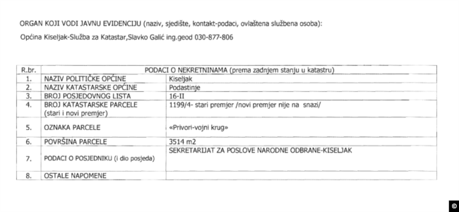 Parcela državnog vojnog objekta u Kiseljaku za koju je 2022. godine Vlada Federacije BiH dala saglasnost za korištenje.