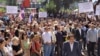 Serbs protest in North Mitrovica on August 7 against the government's opening of the Ibar bridge for automobile traffic.