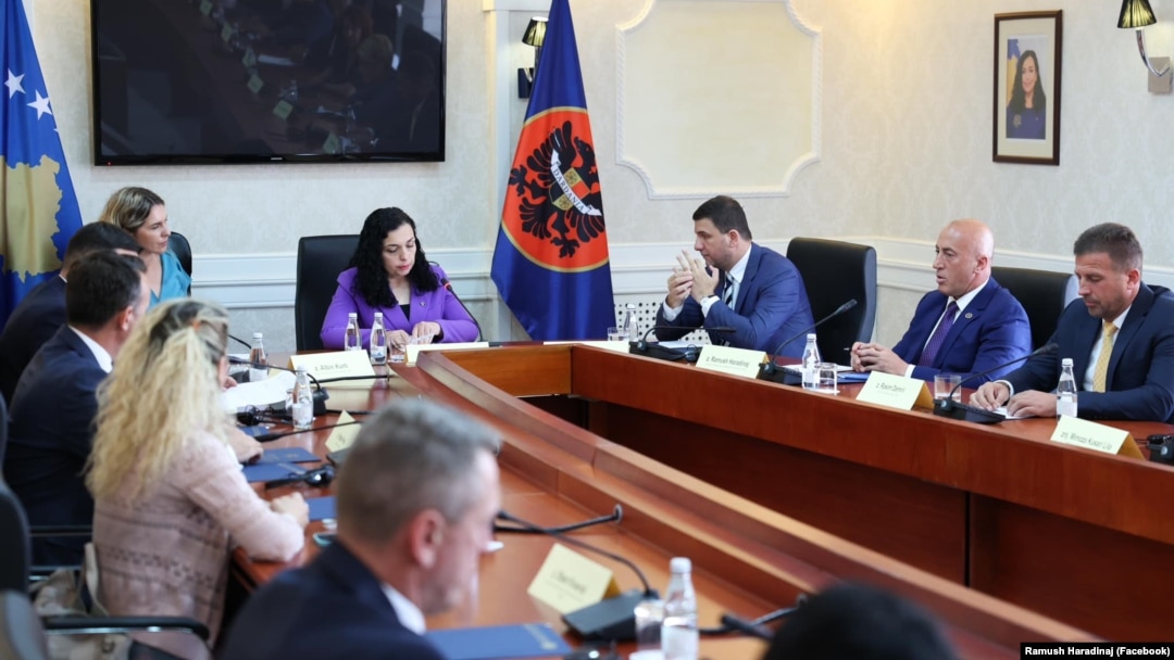 Kosovar President Vjosa Osmani leads a meeting on finding a date for parliamentary elections on July 30.