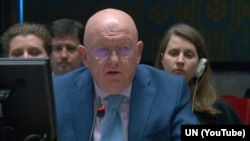 Russian UN Ambassador Vasily Nebenzya addresses the UN Security Council on April 30.