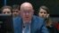 Russian UN Ambassador Vasily Nebenzya addresses the UN Security Council on April 30.