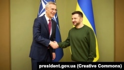NATO's Jens Stoltenberg (left) meeting with Ukrainian President Volodymyr Zelenskiy in Kyiv in April