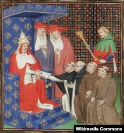 Інокентій IV (папа Римський у 1243-1254) відсилає ченців на переговори до монголів, мініатюра початку XV століття