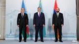 (Left to right) Foreign Ministers Jeyhun Bayramov, Murat Nurtleu, and Ararat Mirzoyan of Azerbaijan, Kazakhstan, and Armenia, respectively, on the first day of talks in Almaty on May 10.