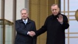 Președintele turc Recep Tayyip Erdogan, dreapta, și președintele Finlandei Sauli Niinistö își strâng mâna în timpul unei ceremonii de bun venit la palatul prezidențial din Ankara, Turcia, 17 martie 2023.