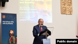 Armenian Prime Minister Nikol Pashinian speaking at an event in Prague, Czech Republic, May 4, 2023.