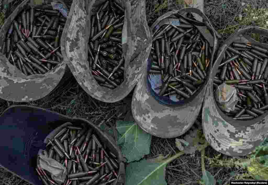 Military caps filled with bullets are seen during an exercise of the 41st Mechanized Brigade of the Ukrainian Armed Forces.