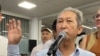 Meiirkhan Abdimanapov speaks at an event against the construction of a nuclear power plant in Kazakhstan, in Almaty on August 16.