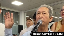 Meiirkhan Abdimanapov speaks at an event against the construction of a nuclear power plant in Kazakhstan, in Almaty on August 16.