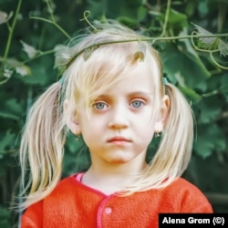 A girl poses for Grom in Maryinka in 2018.