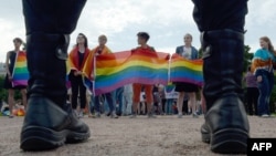 People wave rainbow flags at a gay pride rally in St. Petersburg in 2017.