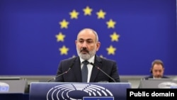 Armenian Prime Minister Nikol Pashinian addresses the European Parliament on October 17. 