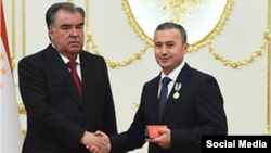 A photo posted on Nasriddinov's Facebook account, shows him receiving a medal from Tajik President Emomali Rahmon.