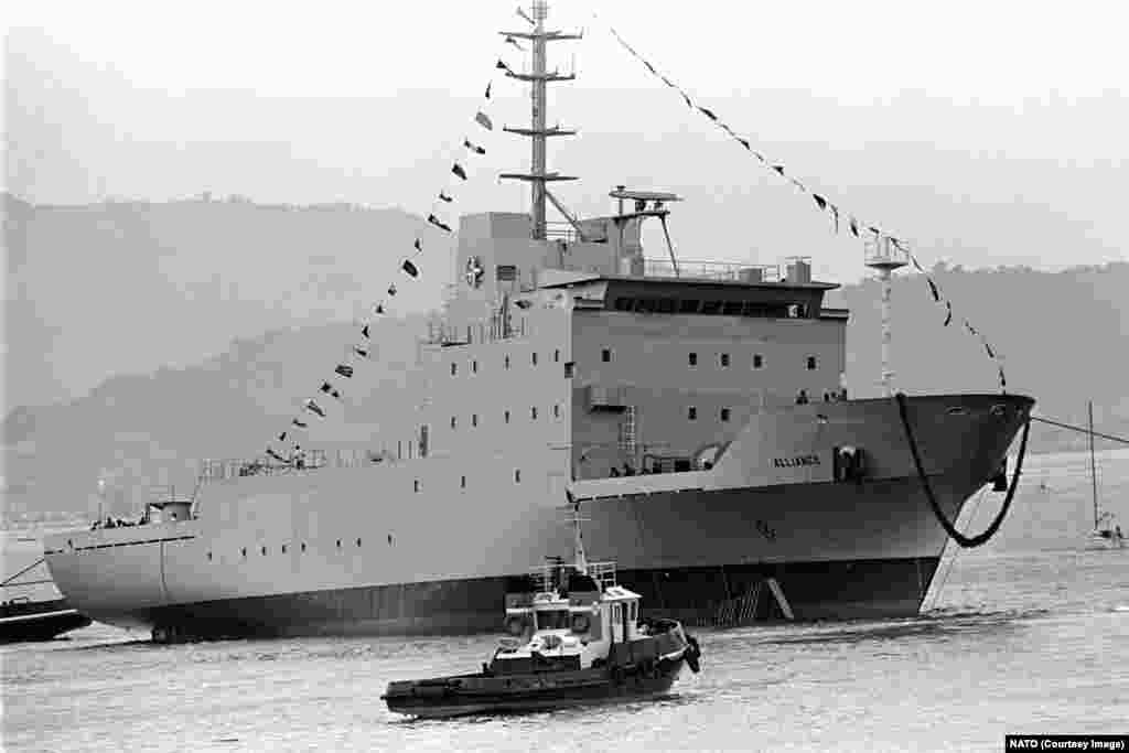 NATO&rsquo;s research vessel, the Alliance, during its launch in 1986. The ship is operated by the Italian Navy. As the &ldquo;cement of fear&rdquo;&nbsp;crumbled in the 1990s, NATO rebranded itself for an era in which &ldquo;a single massive and global threat has given way to diverse and multi-directional risks.&rdquo;