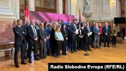 Članovi koalicije "Srbija protiv nasilja" na konferenciji za novinare u Skupštini Srbije, 11. mart 2024.