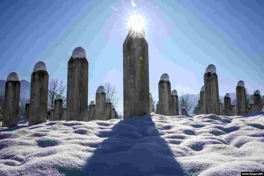 Snow caps the monuments at the Srebrenica Memorial Center in Potocari, Bosnia-Herzegovina. &nbsp; 