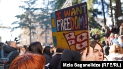 Georgians rally against the "foreign agent" law in Tbilisi on March 7.