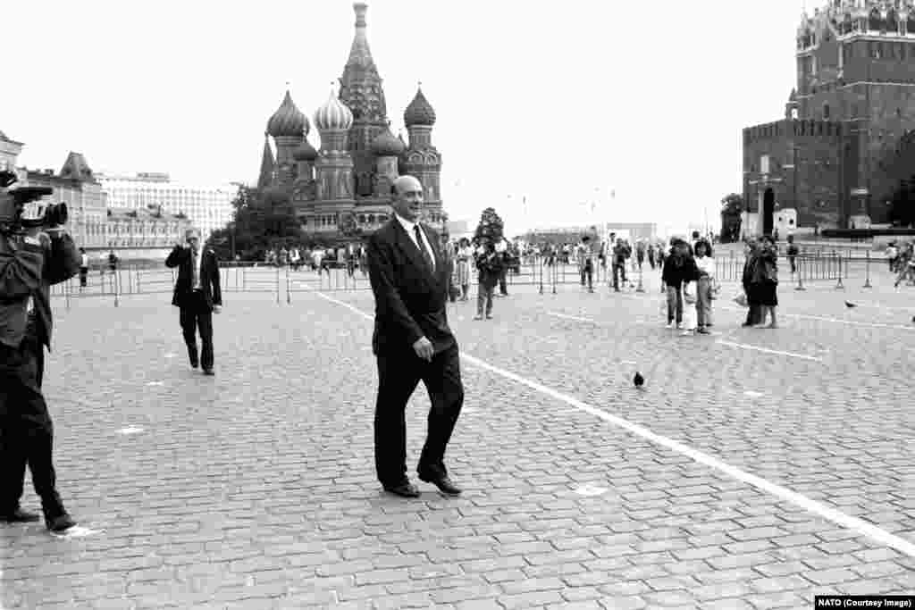 NATO&rsquo;s Secretary-General Manfred Worner walks across Red Square during a visit to Moscow in July 1990. The seeds of a new rift between Moscow and the West were apparently sown when U.S. Secretary of State James Baker told the Soviet leadership in February 1990 that, &quot;if the United States keeps its presence in Germany within the framework of NATO, not an inch of NATO&rsquo;s present military jurisdiction will spread in an eastern direction.&rdquo; That sentiment was repeated, though never formally agreed upon, by German Foreign Minister Hans-Dietrich Genscher.