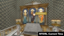 Кадър от видеото, който показва домашна църква с иконостас с княз Владимир в имението на Владимир Путин.
