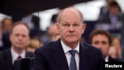 Kancelari gjerman, Olaf Scholz, në Parlamentin Evropian, 9 maj 2023.